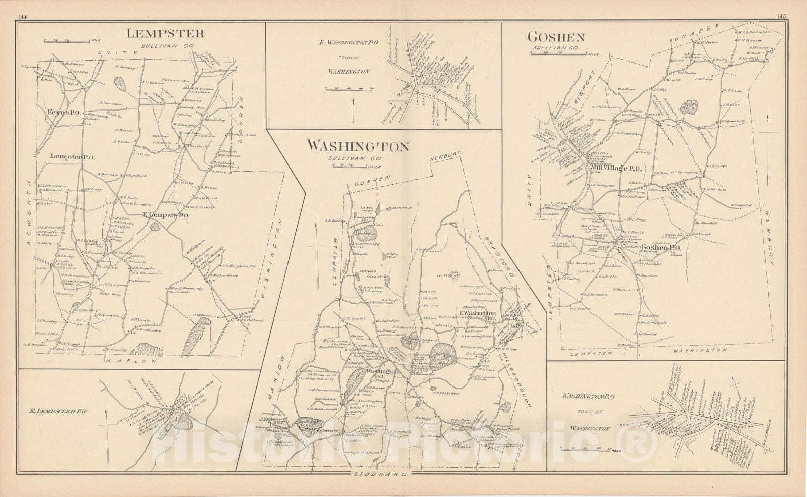 Historic Map : Goshen & Lempster & Washington 1892 , Town and City Atlas State of New Hampshire , Vintage Wall Art