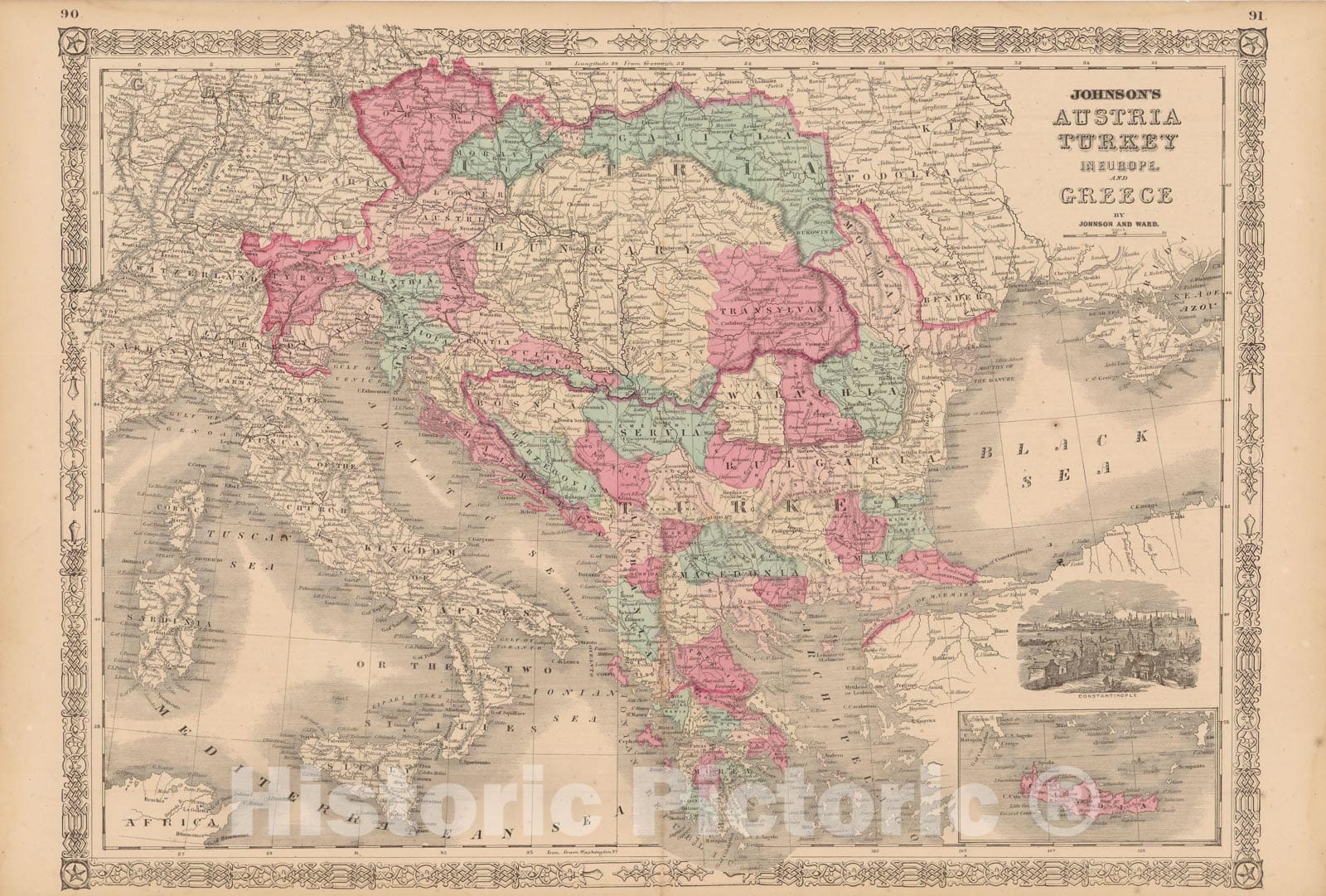Historic Map : Austria & Turkey in Europe & Greece & Hungary 1865 , Johnson's Family Atlas , Vintage Wall Art