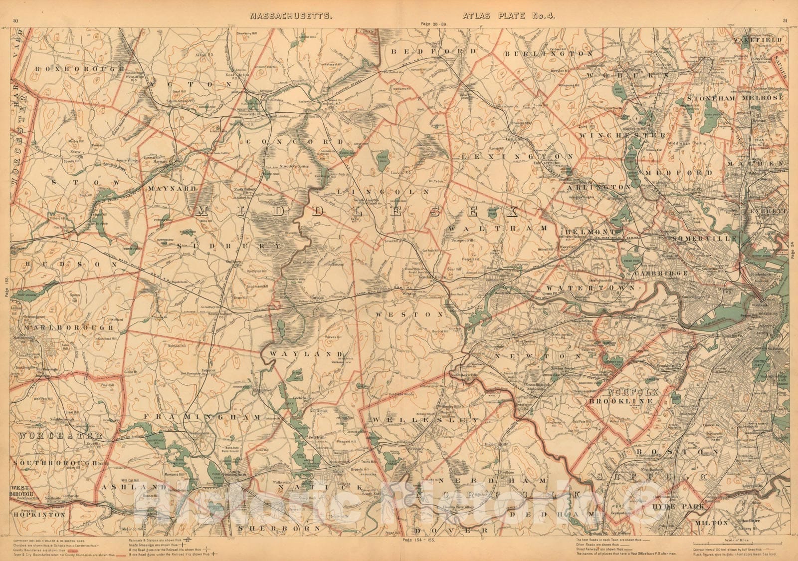 Historic Map : Atlas of Massachusetts, Metro West Boston 1891 , Vintage Wall Art