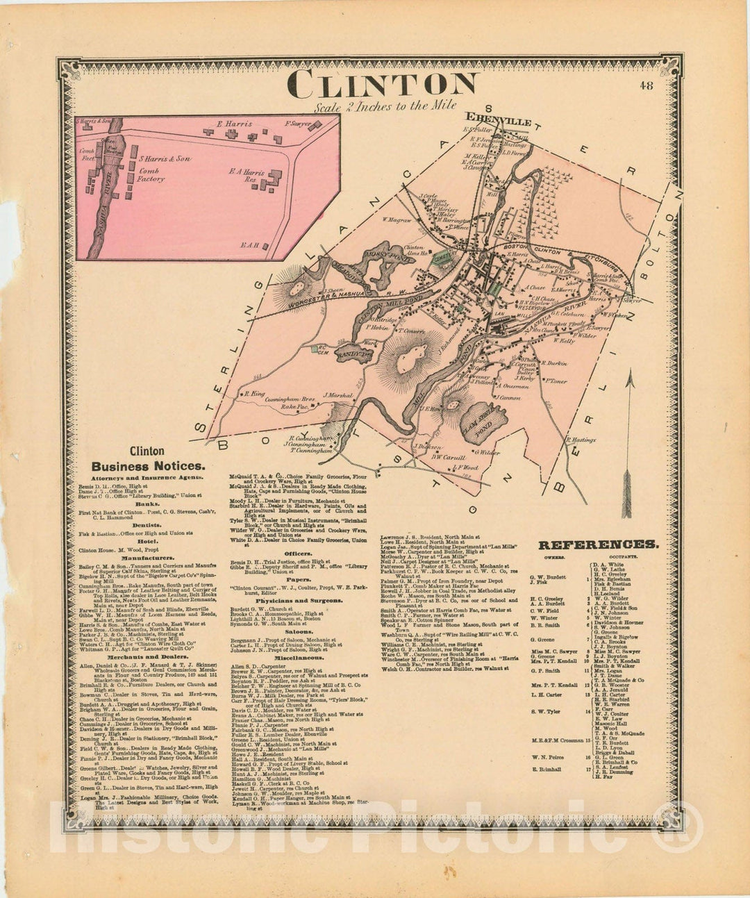 Historic Map : Atlas of Worcester County, Massachsuetts, Clinton 1870 , Vintage Wall Art