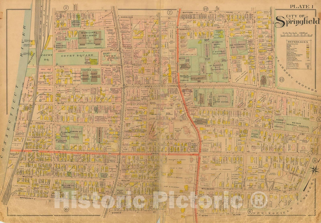 Historic Map : Atlas City of Springfield and The Town of Longmeadow 1910 Plate 001 , Vintage Wall Art