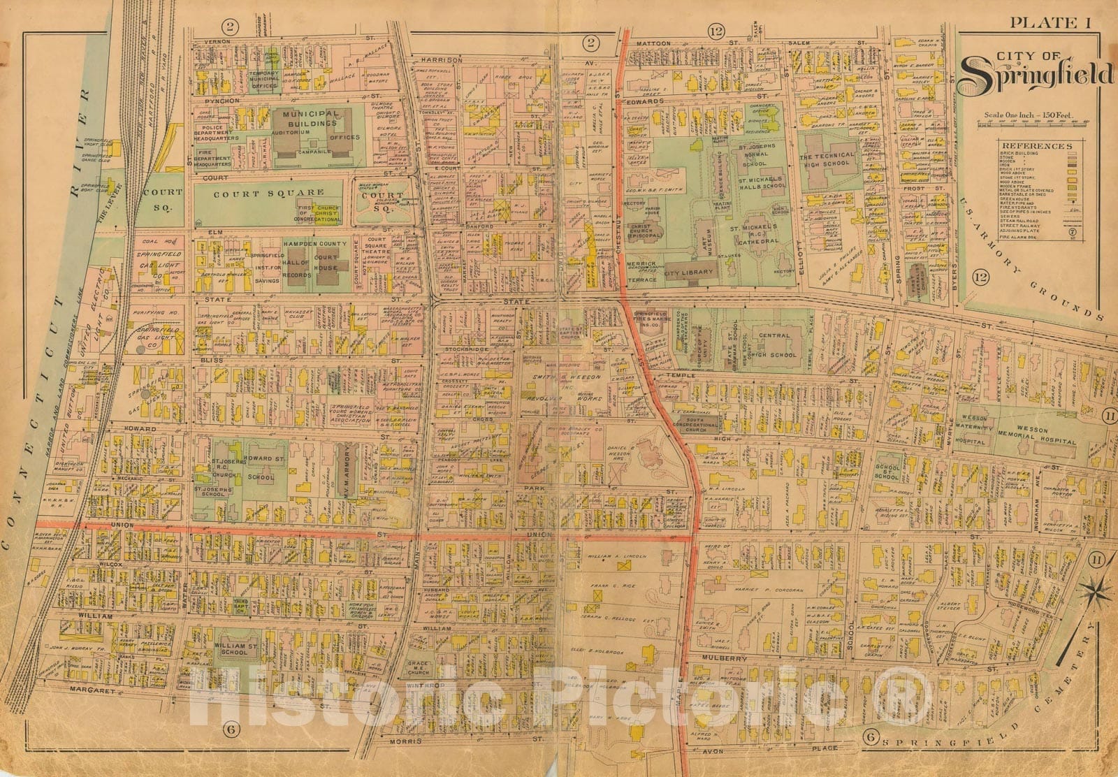 Historic Map : Atlas City of Springfield and The Town of Longmeadow 1910 Plate 001 , Vintage Wall Art