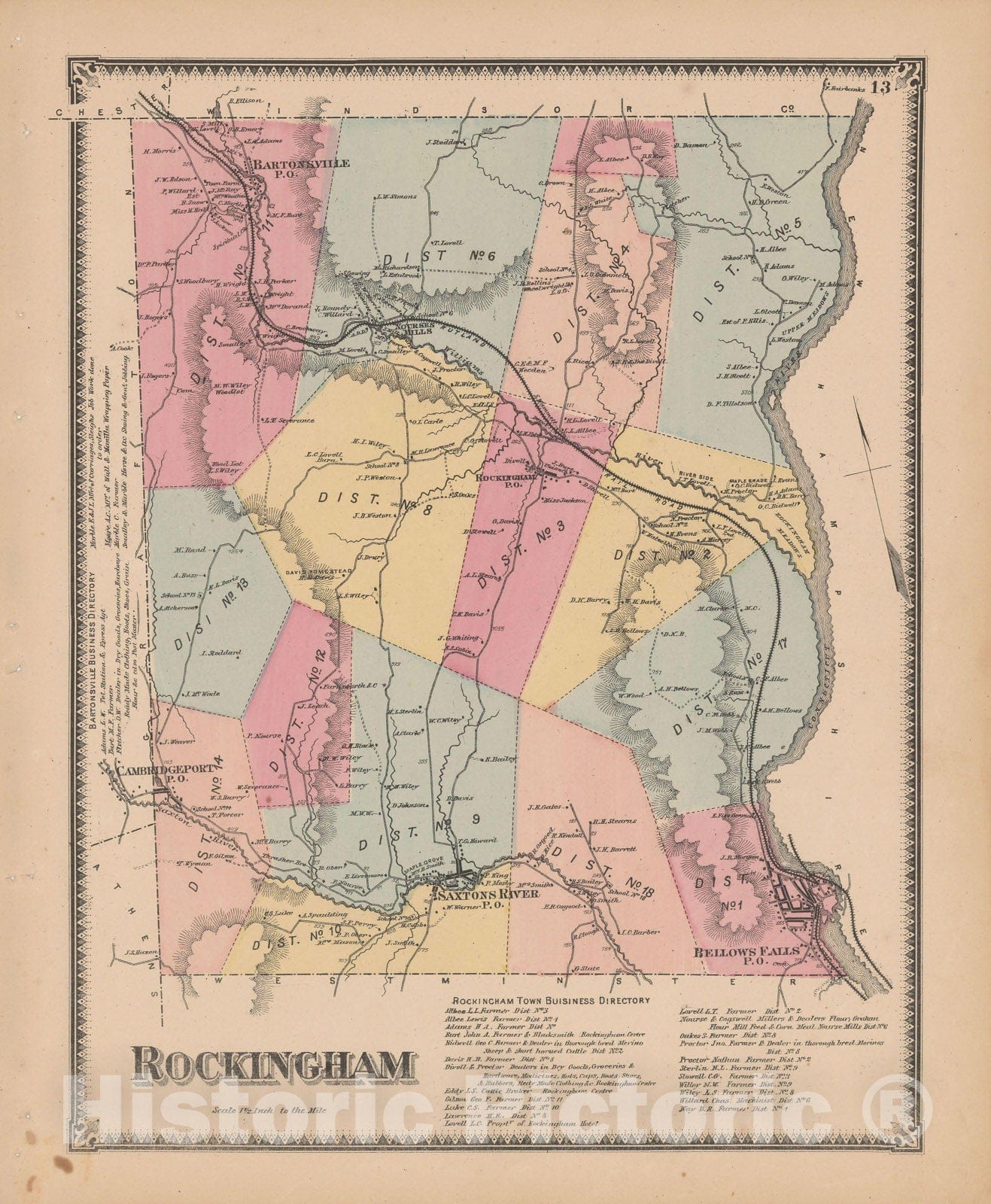 Historic Map : Atlas of Windham County, VT, Rockingham 1869 , Vintage Wall Art