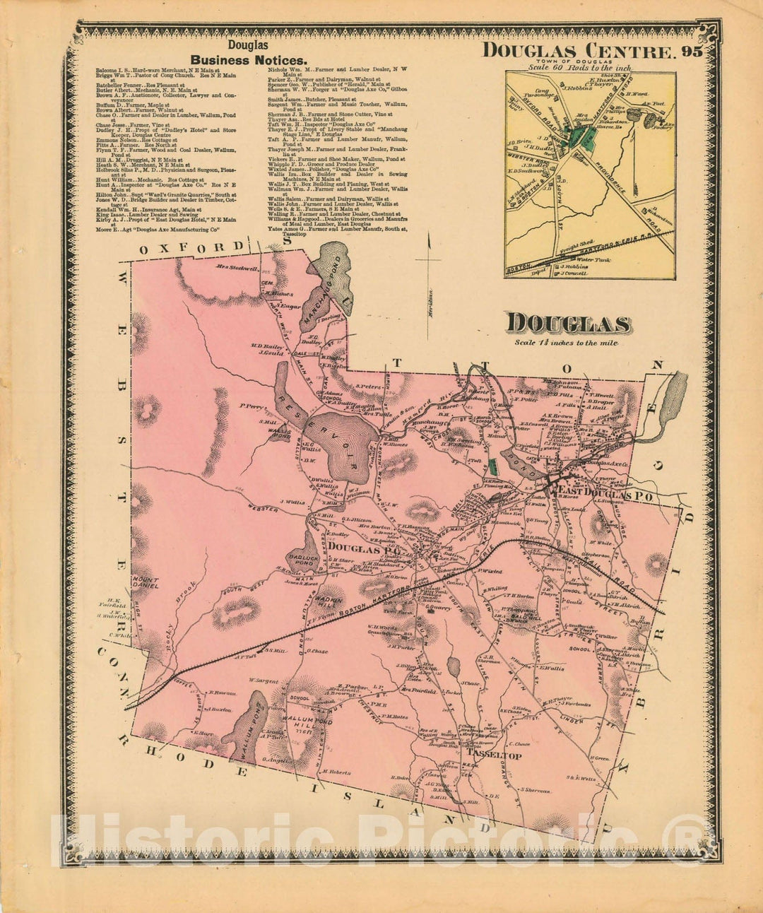 Historic Map : Atlas of Worcester County, Massachsuetts, Douglas 1870 , Vintage Wall Art