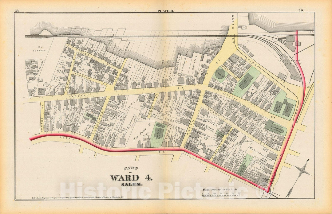 Historic Map : Atlas City of Salem, Massachusetts, Salem 1874 Plate H , Vintage Wall Art