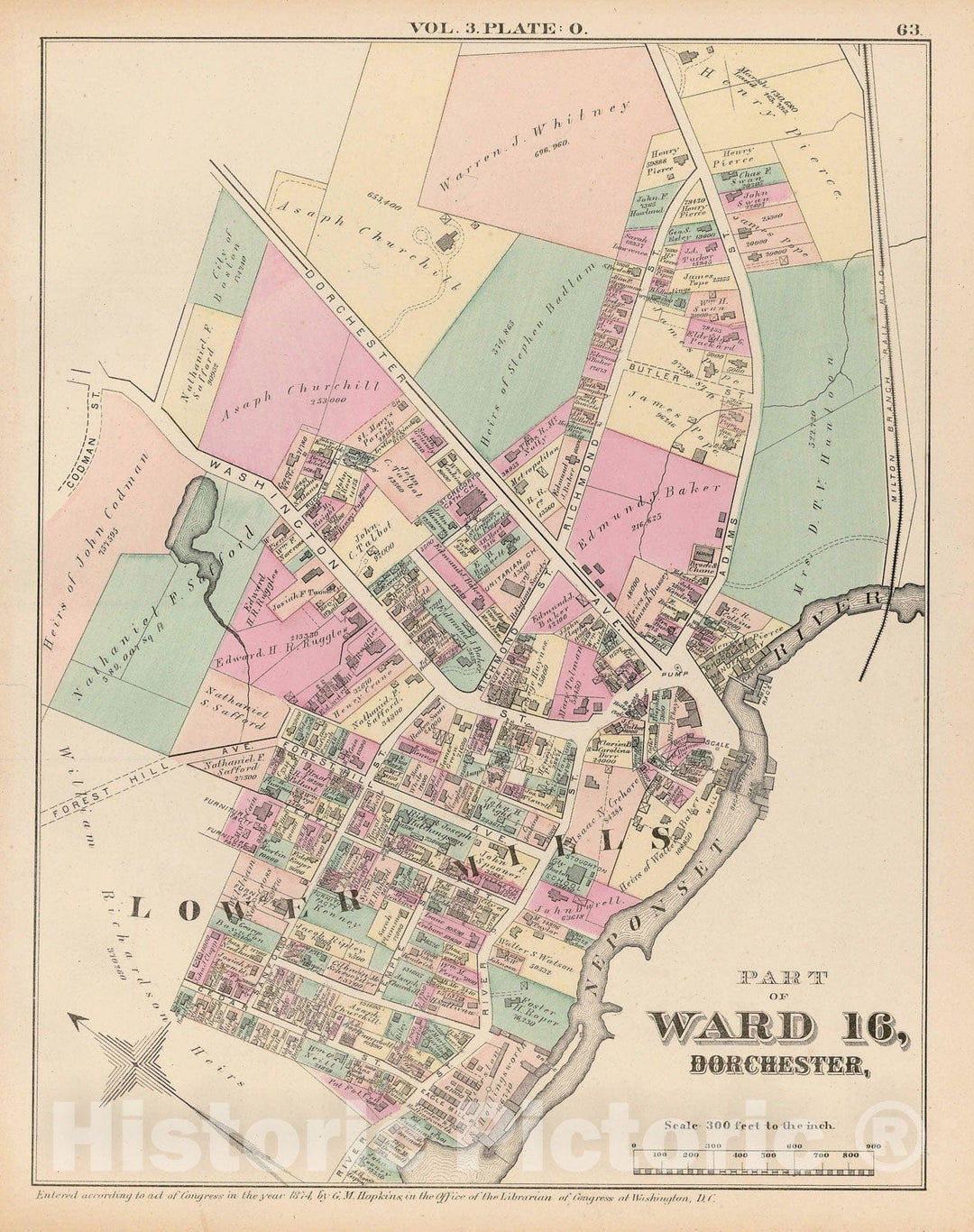 Historic Map : Atlas of County of Suffolk, MA Vol. 3rd, Dorchester 1874 Plate O , Vintage Wall Art