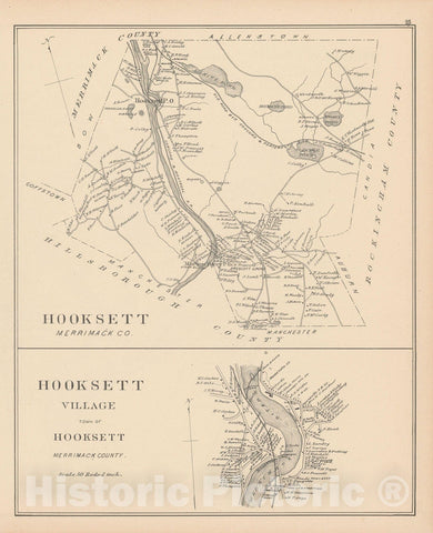 Historic Map : Hooksett 1892 , Town and City Atlas State of New Hampshire , Vintage Wall Art