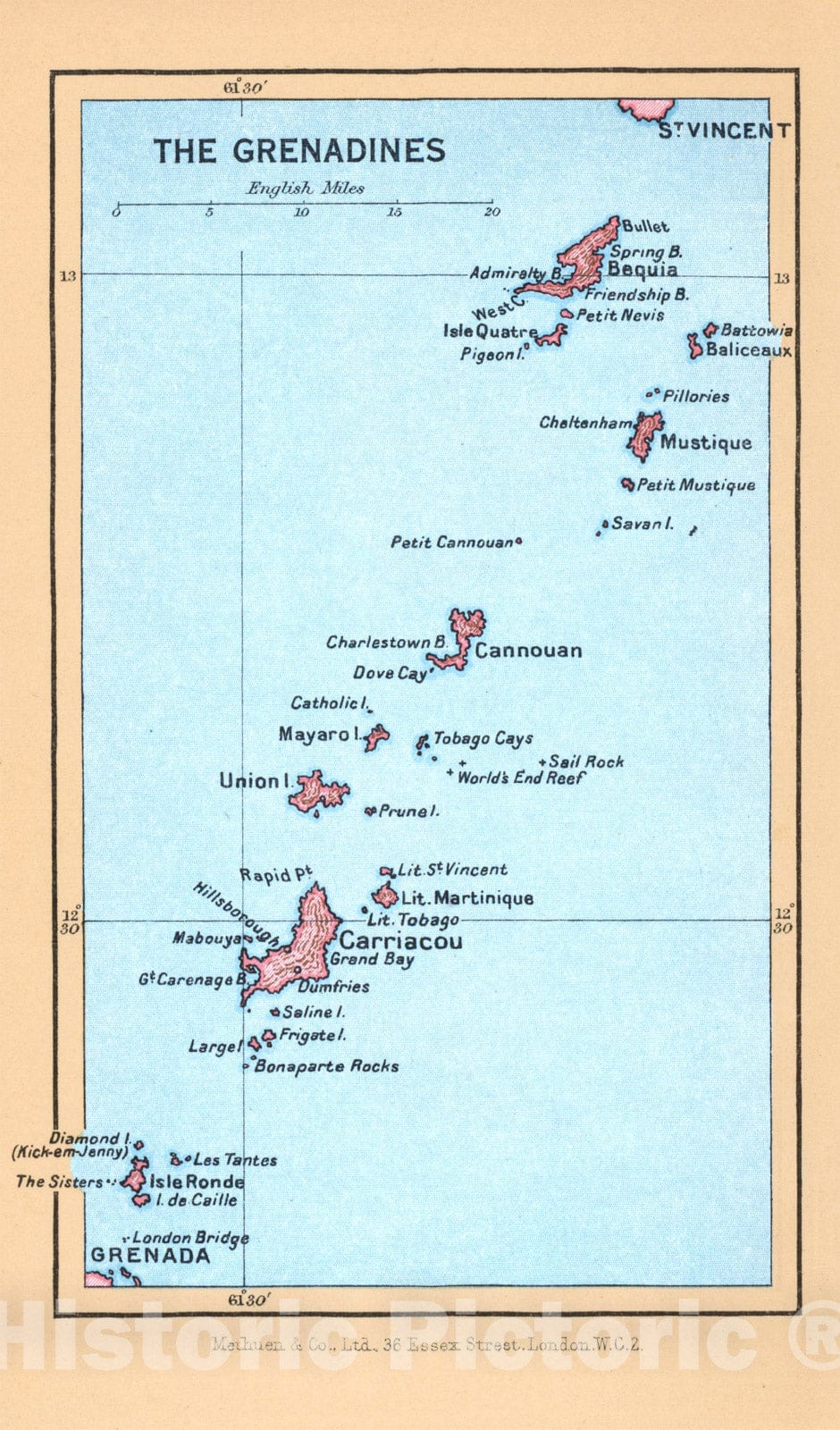 Historic Map : Pocket Guide to the West Indies, The Grenadine Islands 1939 , Vintage Wall Art