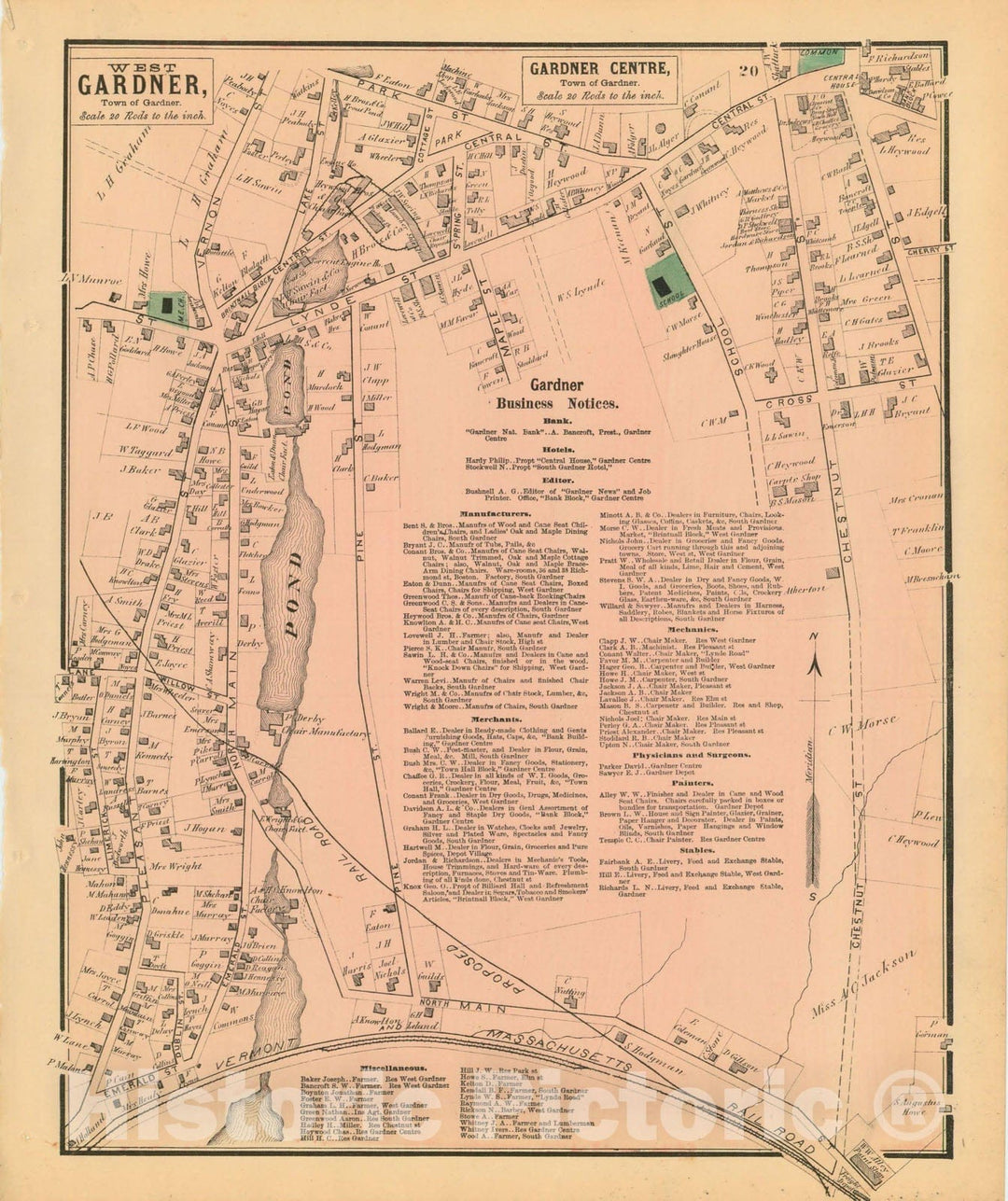 Historic Map : Atlas of Worcester County, Massachsuetts, Gardner 1870 , v2, Vintage Wall Art