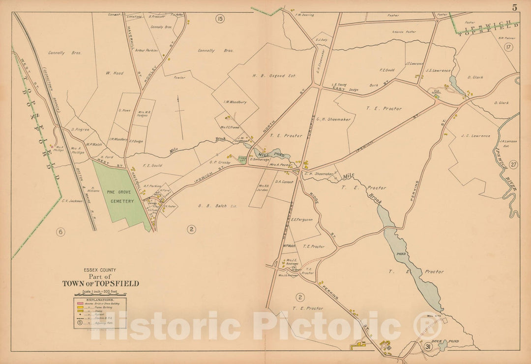 Historic Map : Atlas Towns of Topsfield, Ipswich, Essex, Hamilton and Wenham, Essex County, MA, Topsfield 1910 Plate 005 , Vintage Wall Art