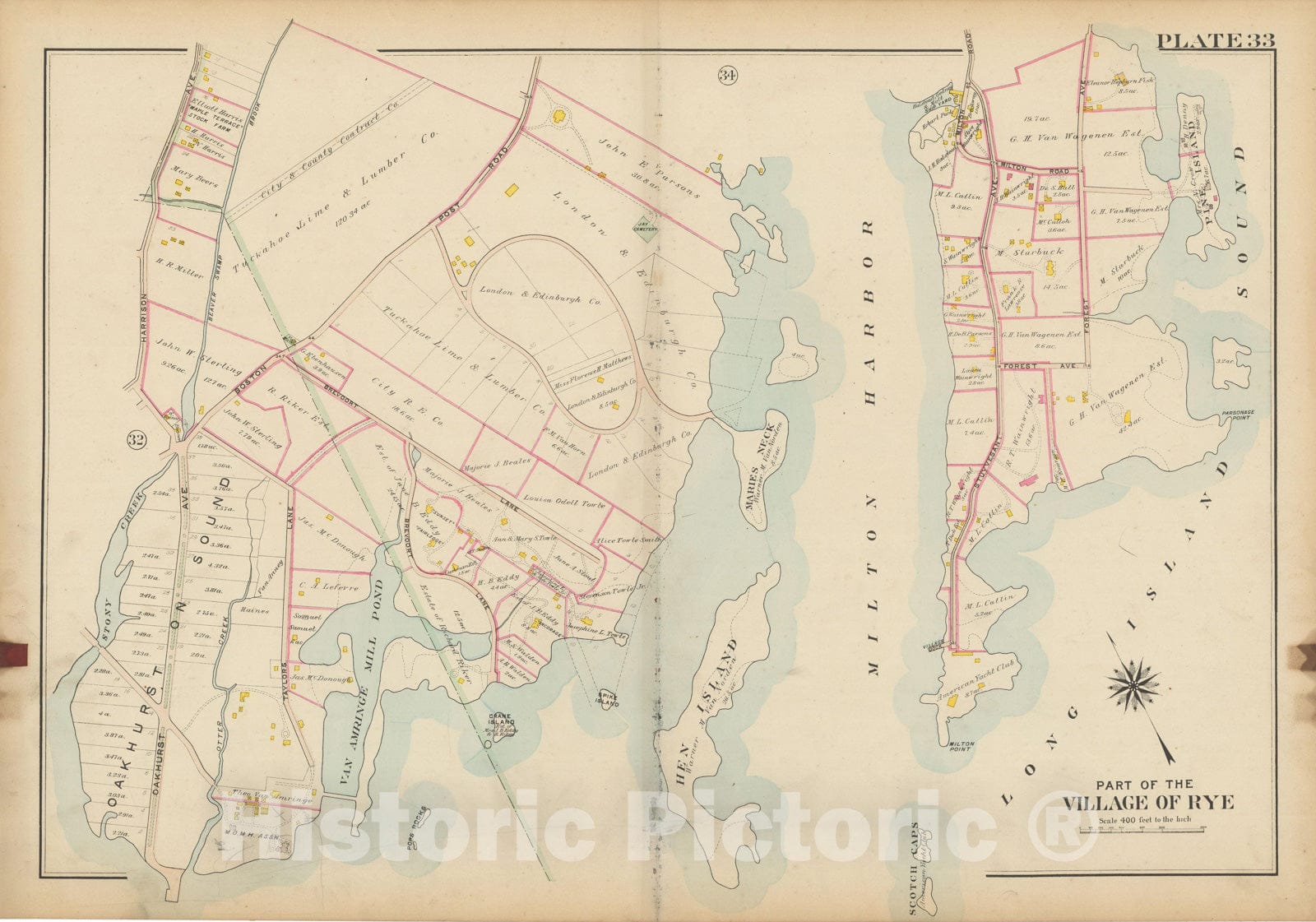 Historic Map : Atlas of Westchester County, NY, Vol. 1, Rye 1910 Plate 033 , Vintage Wall Art
