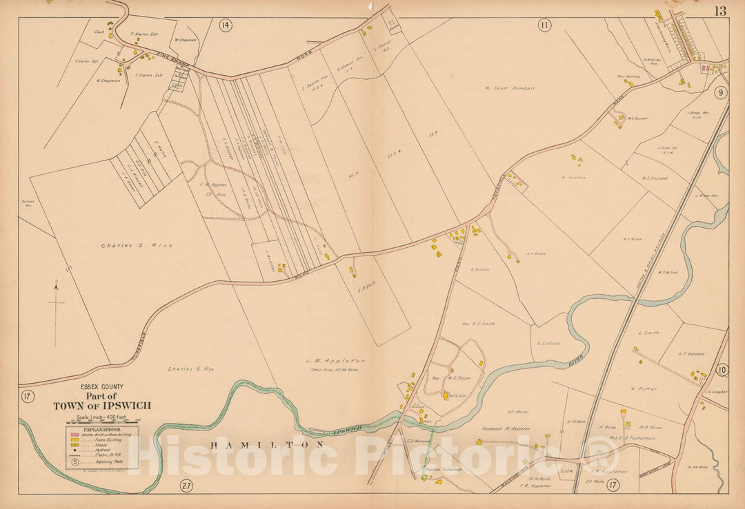 Historic Map : Atlas Towns of Topsfield, Ipswich, Essex, Hamilton and Wenham, Essex County, MA, Ipswich 1910 Plate 013 , Vintage Wall Art