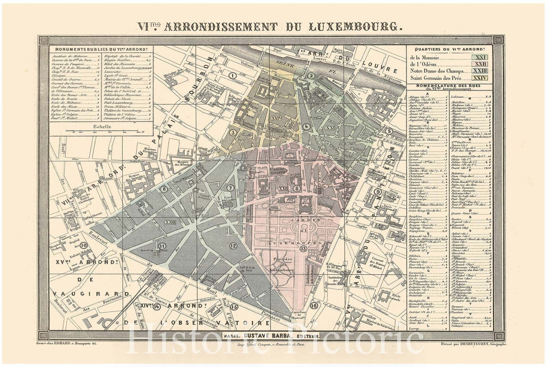 Historic Map : Europe, Paris 1860 6th Arrondissement , Vintage Wall Art