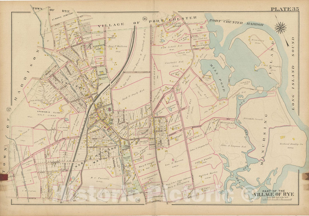 Historic Map : Atlas of Westchester County, NY, Vol. 1, Rye 1910 Plate 035 , Vintage Wall Art