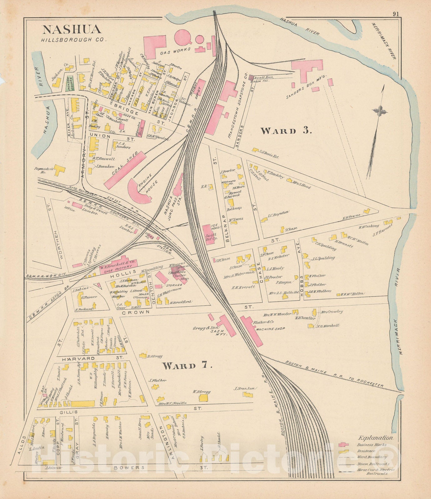 Historic Map : Nashua 1892 , Town and City Atlas State of New Hampshire , v9, Vintage Wall Art