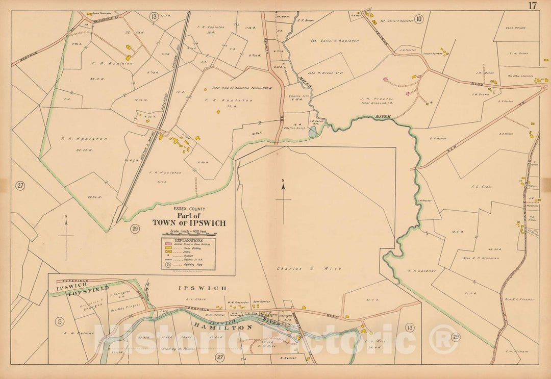Historic Map : Atlas Towns of Topsfield, Ipswich, Essex, Hamilton and Wenham, Essex County, MA, Ipswich 1910 Plate 017 , Vintage Wall Art