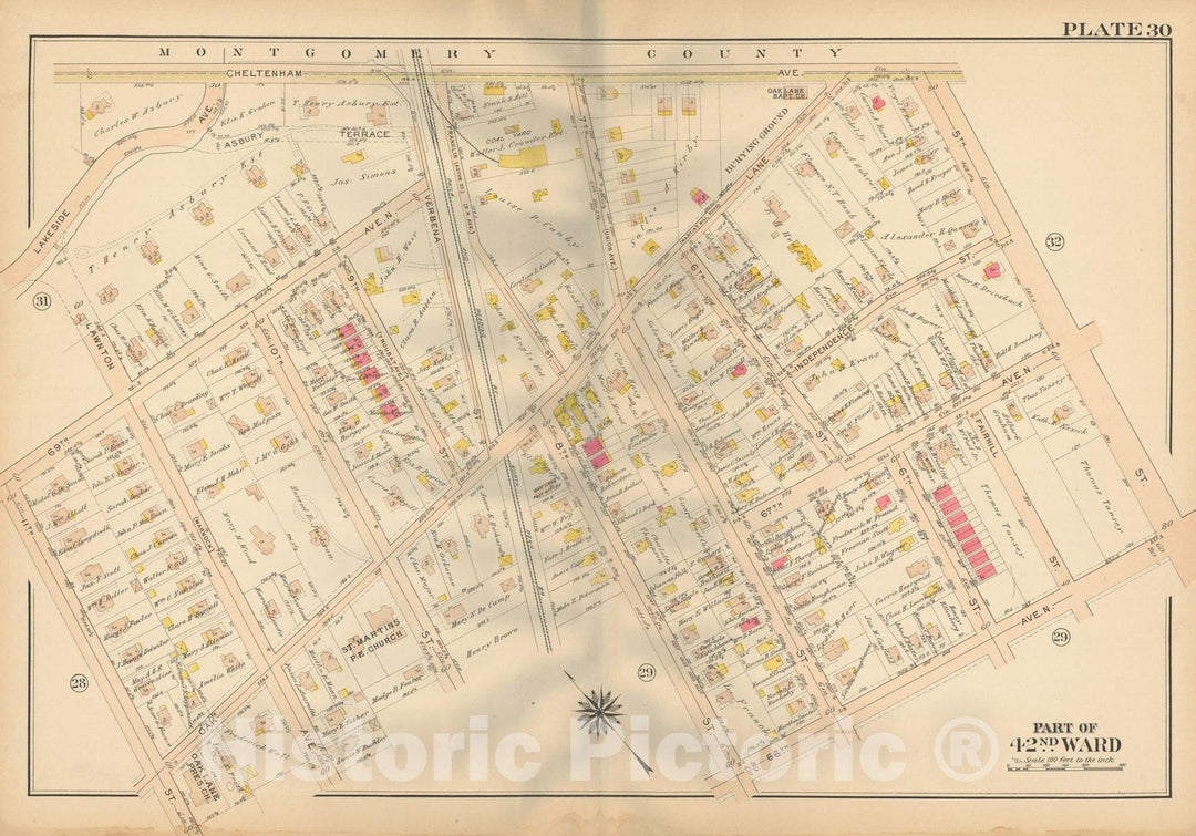 Historic Map : Atlas City of Philadelphia, 42nd Ward, Philadelphia 1913 Plate 030 , Vintage Wall Art