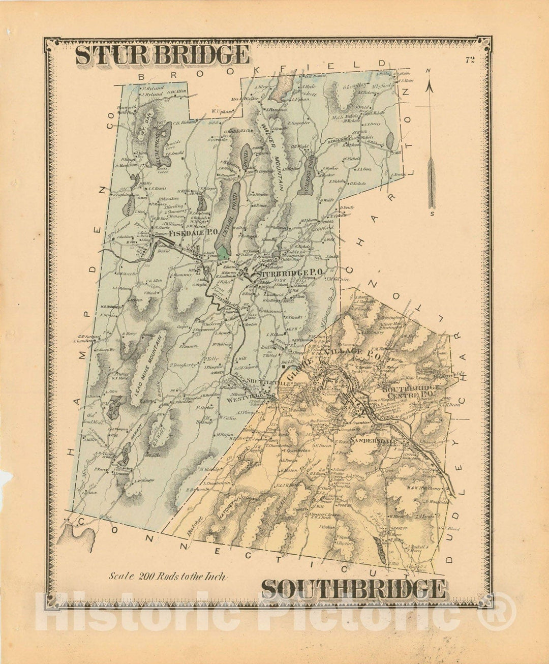 Historic Map : Atlas of Worcester County, Massachsuetts, Southbridge & Sturbridge 1870 , Vintage Wall Art