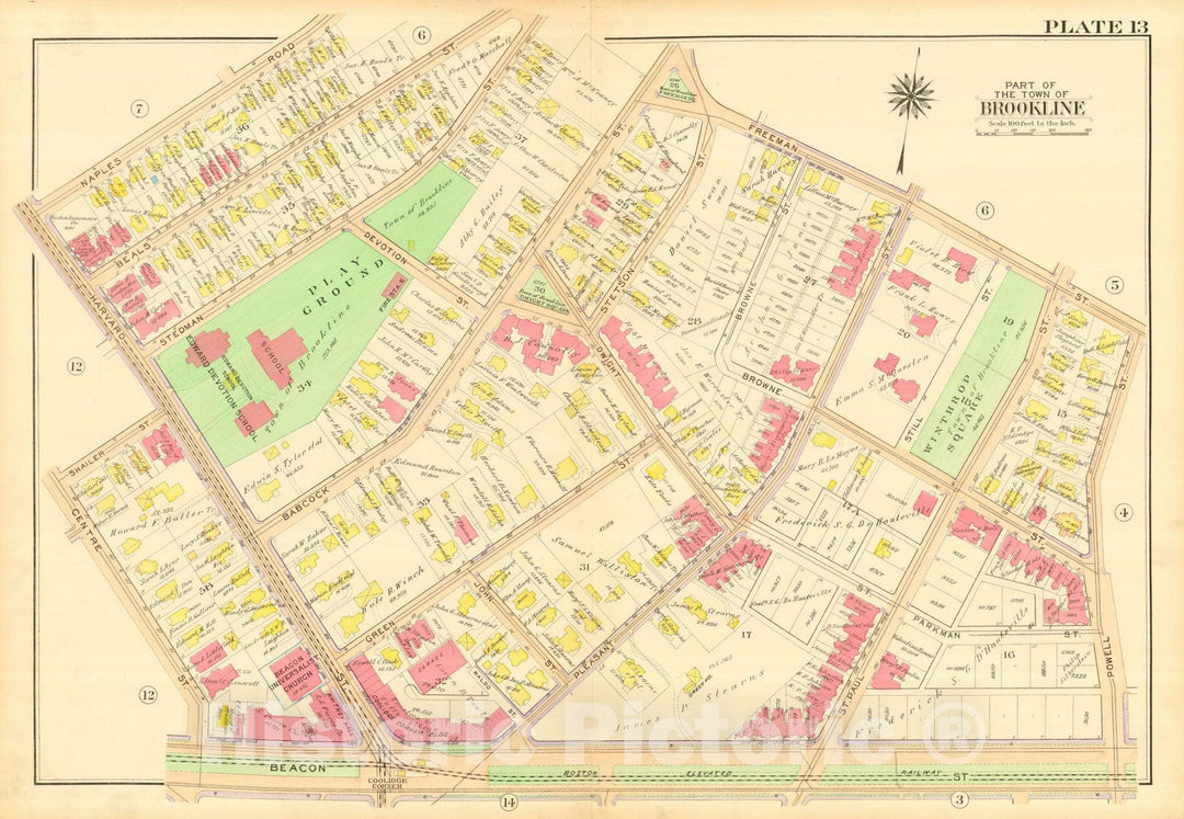 Historic Map : Atlas Town of Brookline, Norfolk County Massachusetts, Brookline 1913 Plate 013 , Vintage Wall Art