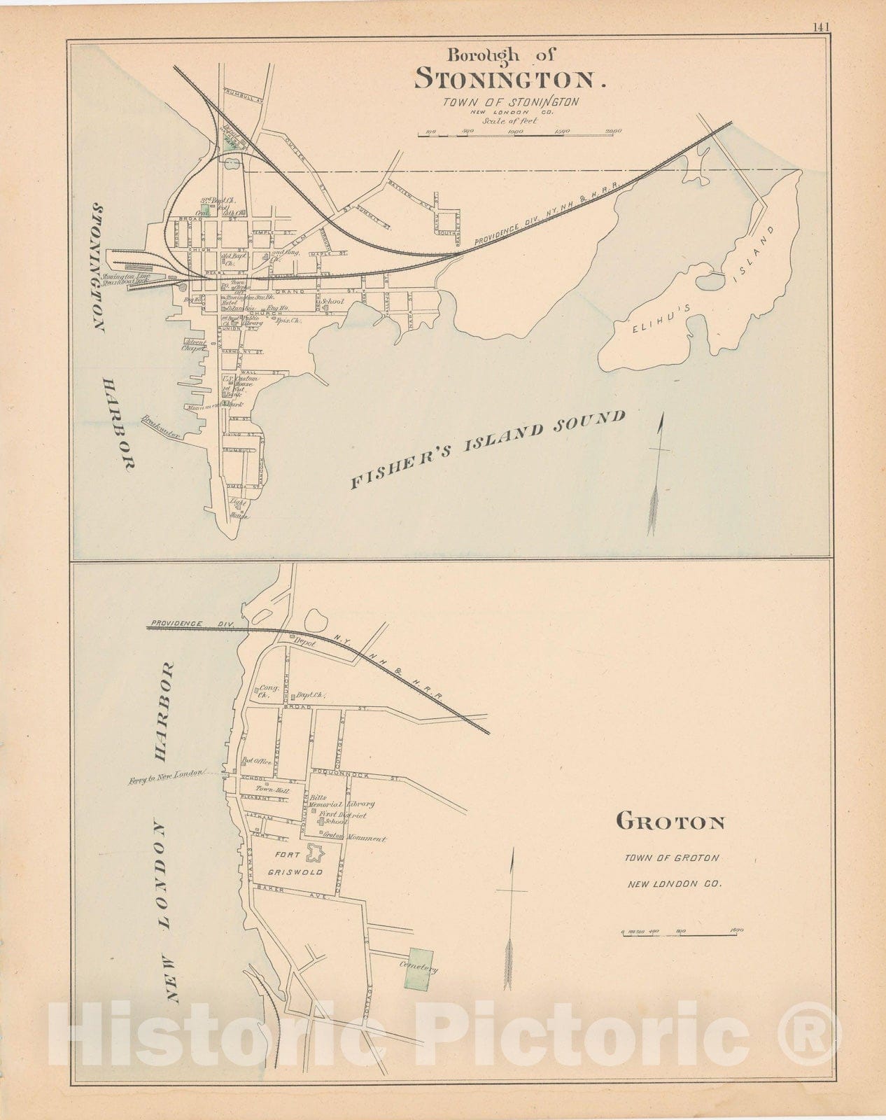 Historic Map : Groton & Stonington 1893 , Town and City Atlas State of Connecticut , Vintage Wall Art