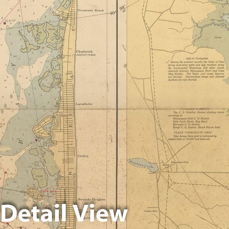 Historic Map : Coastal Charts - New Jersey Intracoastal: Manasquan to Little Egg 1950 , Vintage Wall Art