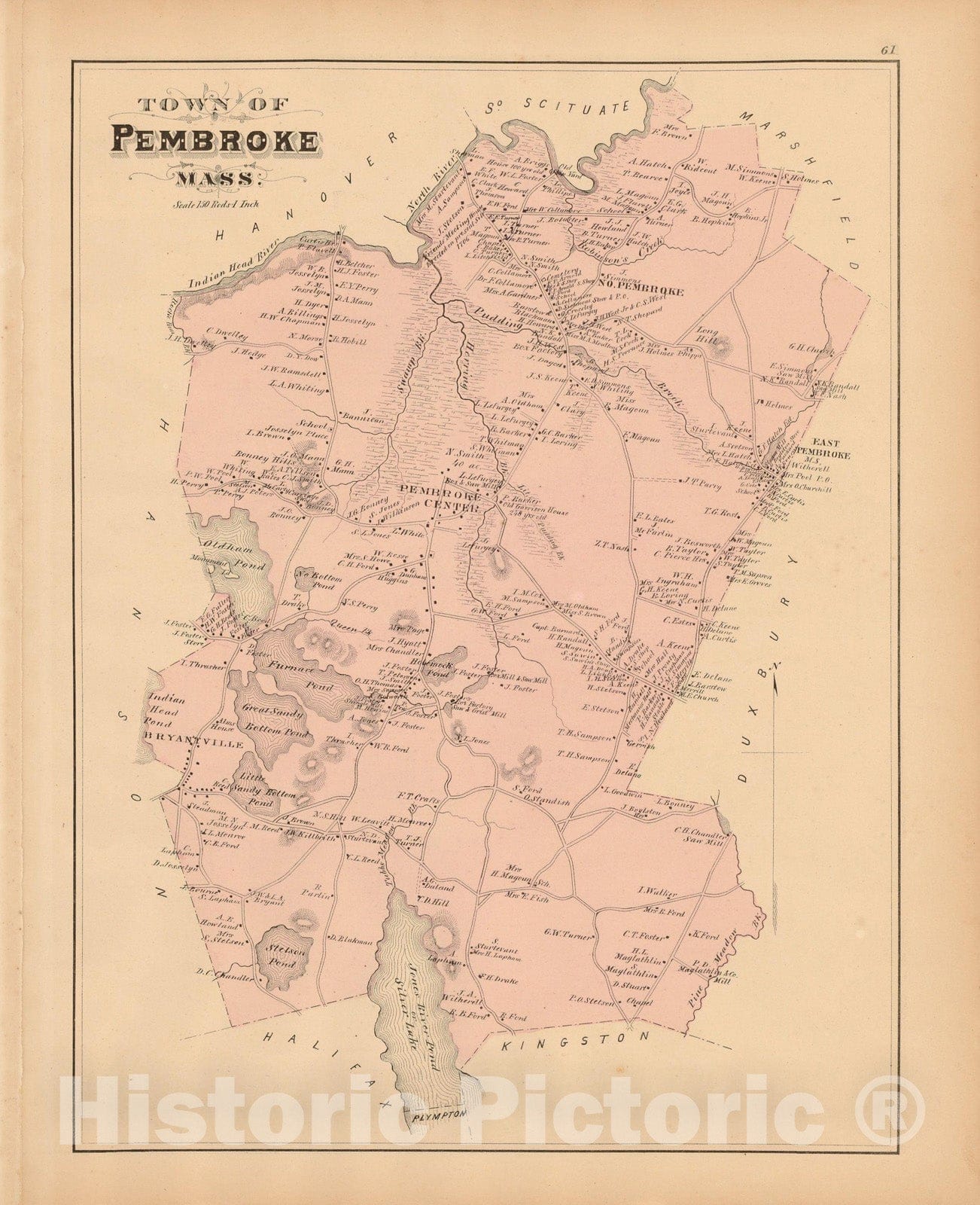 Historic Map : Atlas of Plymouth County Massachusetts, Pembroke 1879 , Vintage Wall Art