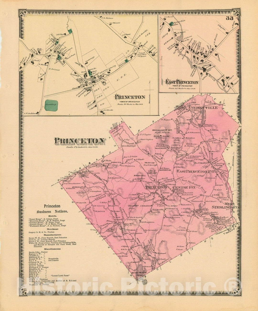 Historic Map : Atlas of Worcester County, Massachsuetts, Princeton 1870 , Vintage Wall Art