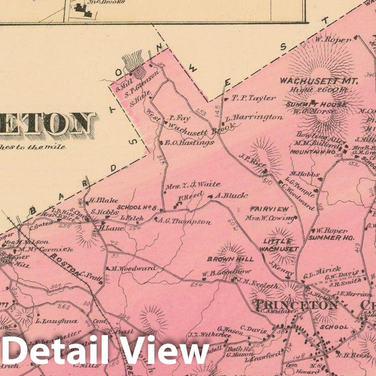 Historic Map : Atlas of Worcester County, Massachsuetts, Princeton 1870 , Vintage Wall Art