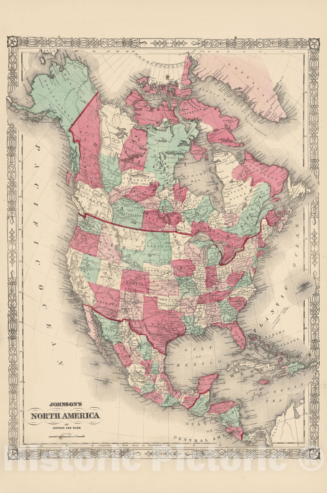 Historic Map : North America 1865 , Johnson's Family Atlas , Vintage W - Historic Pictoric