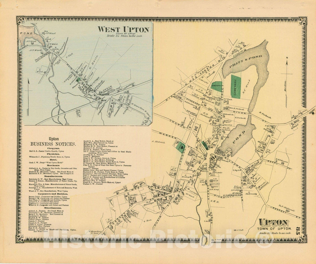 Historic Map : Atlas of Worcester County, Massachsuetts, Upton 1870 , Vintage Wall Art