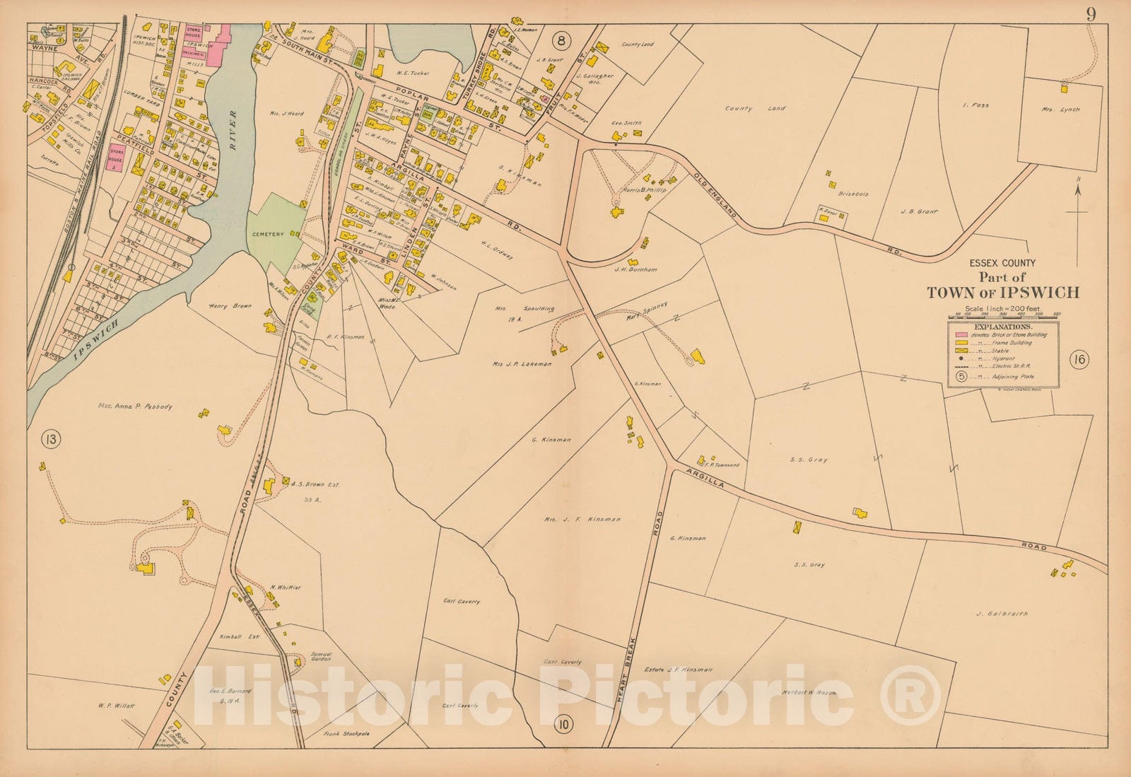 Historic Map : Atlas Towns of Topsfield, Ipswich, Essex, Hamilton and Wenham, Essex County, MA, Ipswich 1910 Plate 009 , Vintage Wall Art