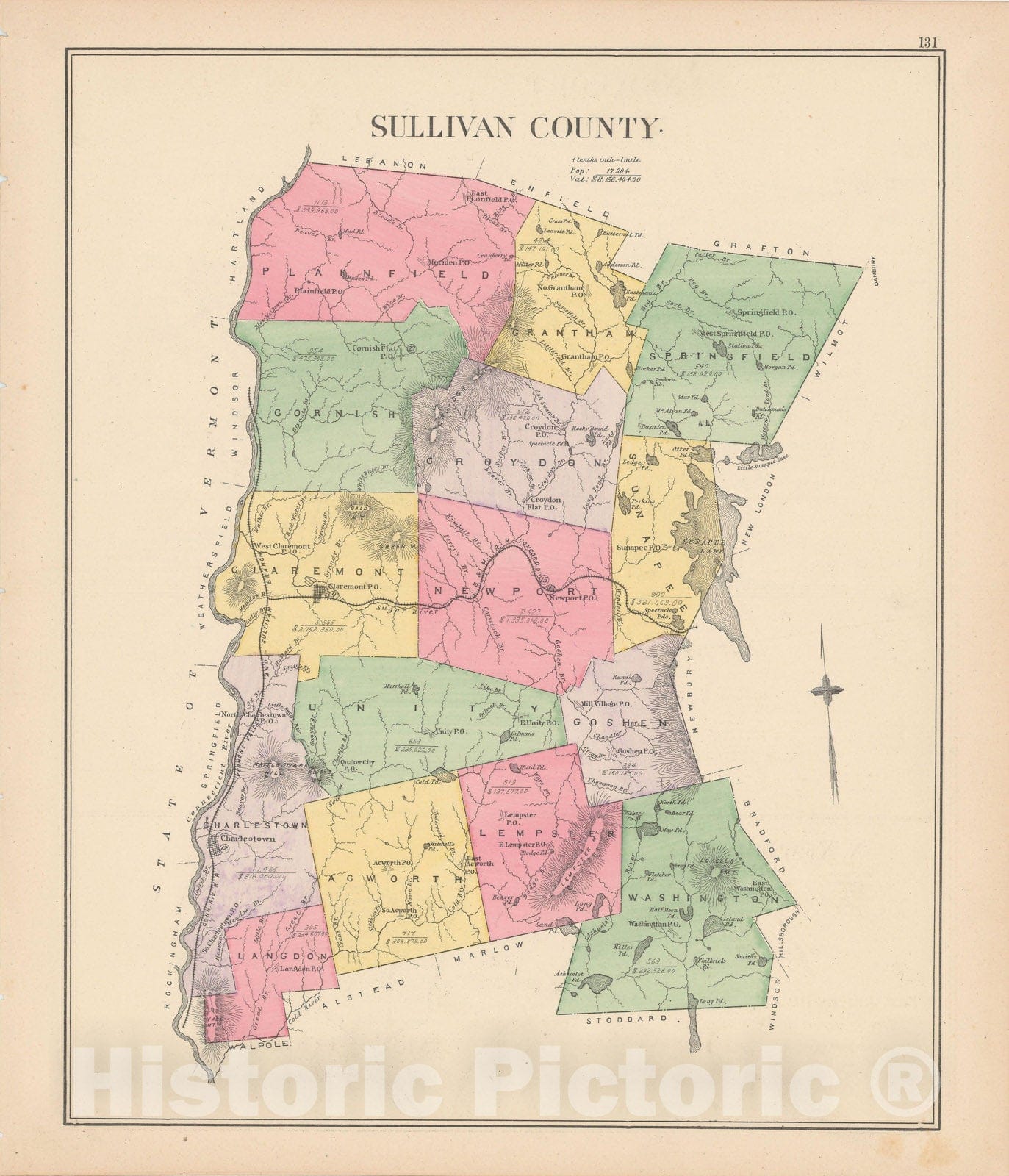 Historic Map : Sullivan 1892 , Town and City Atlas State of New Hampshire , Vintage Wall Art