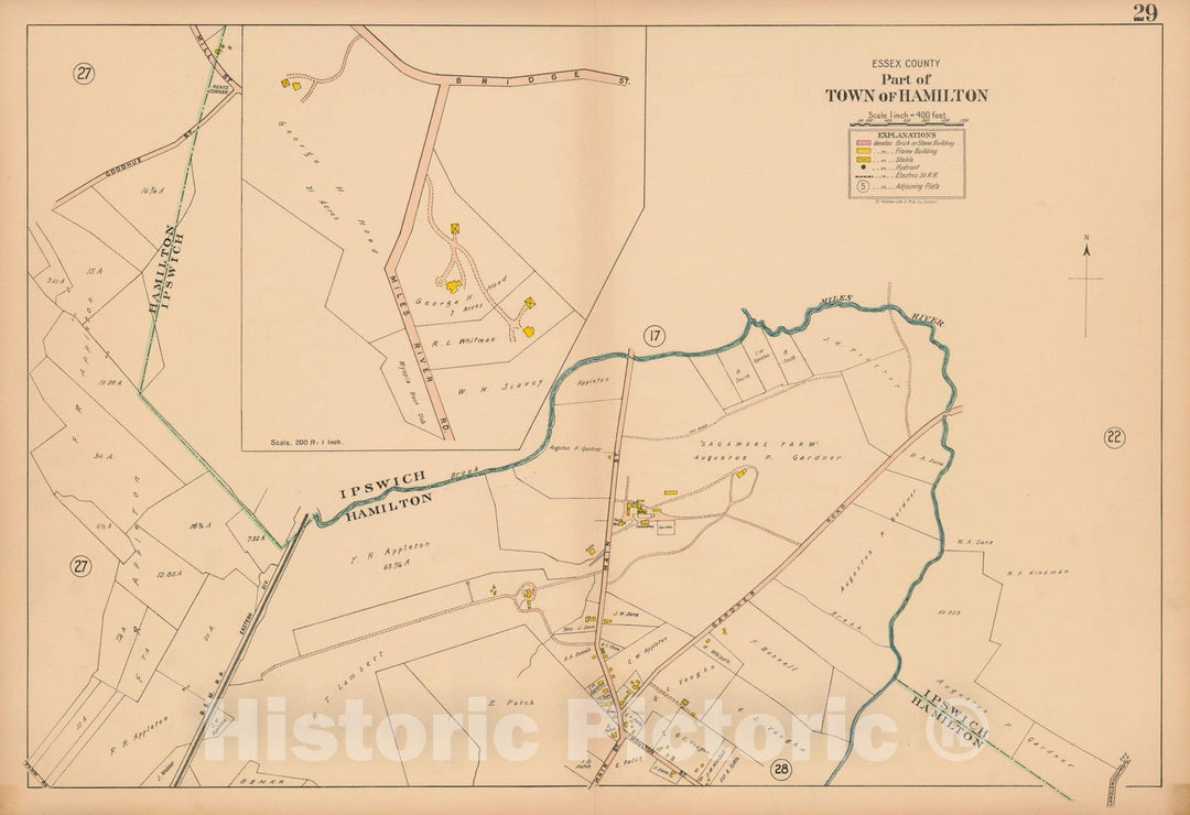 Historic Map : Atlas Towns of Topsfield, Ipswich, Essex, Hamilton and Wenham, Essex County, MA, Hamilton 1910 Plate 029 , Vintage Wall Art