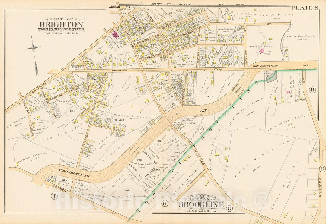 Historic Map : Atlas Town of Brookline, Brighton & Brookline 1888 Plate S , Vintage Wall Art
