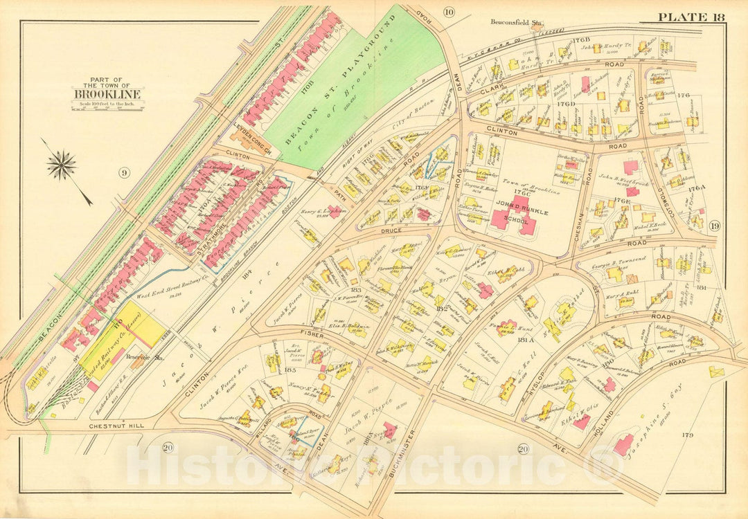 Historic Map : Atlas Town of Brookline, Norfolk County Massachusetts, Brookline 1913 Plate 018 , Vintage Wall Art