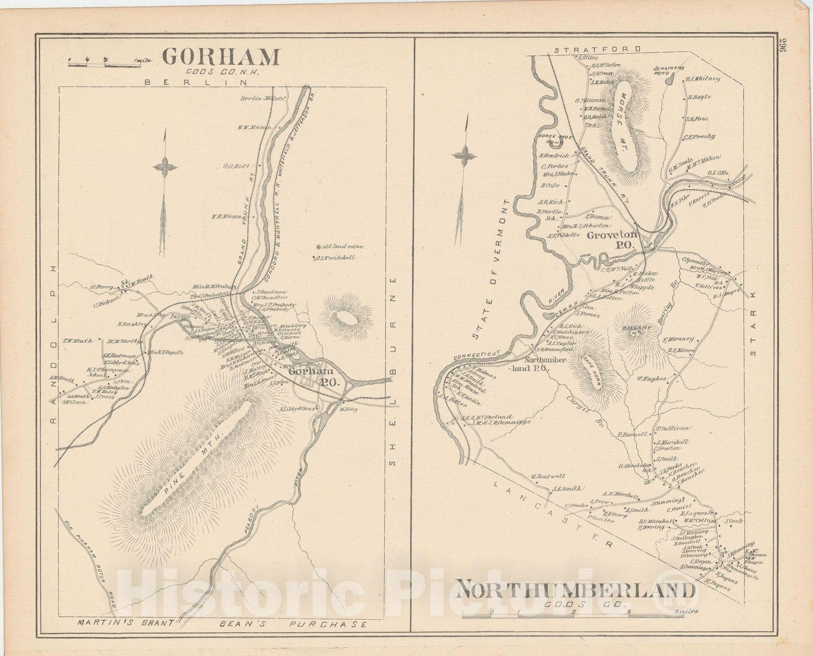 Historic Map : Gorham & Northumberland 1892 , Town and City Atlas State of New Hampshire , Vintage Wall Art
