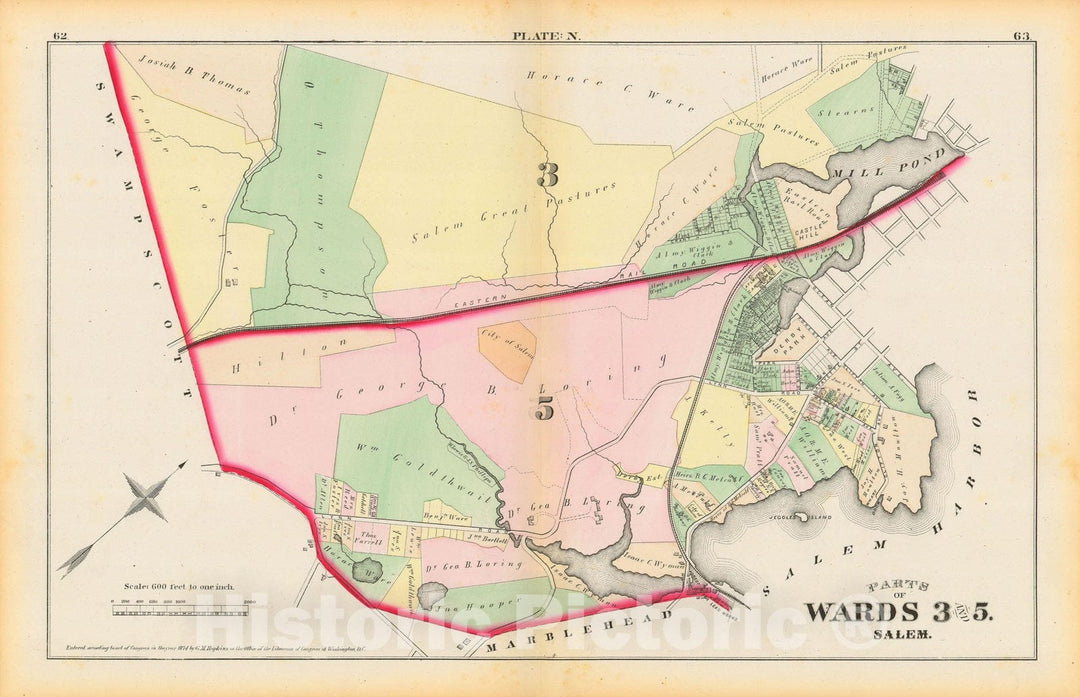 Historic Map : Atlas City of Salem, Massachusetts, Salem 1874 Plate N , Vintage Wall Art