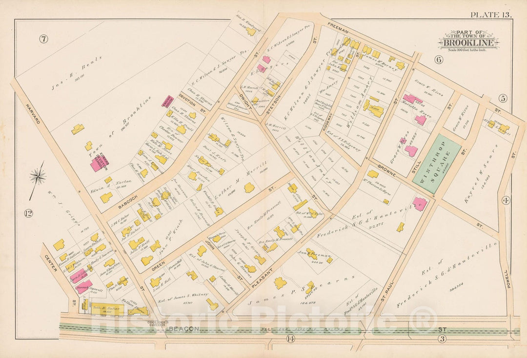 Historic Map : Atlas Town of Brookline, Brookline 1893 Plate 013 , Vintage Wall Art