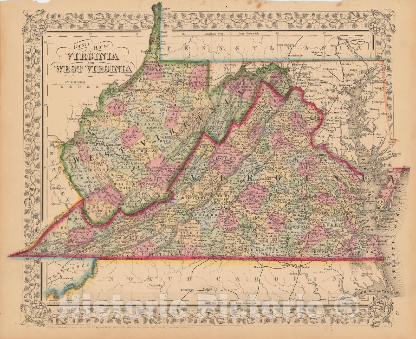 Historic Map : Virginia & West Virginia 1867 , New General Atlas , Vintage Wall Art