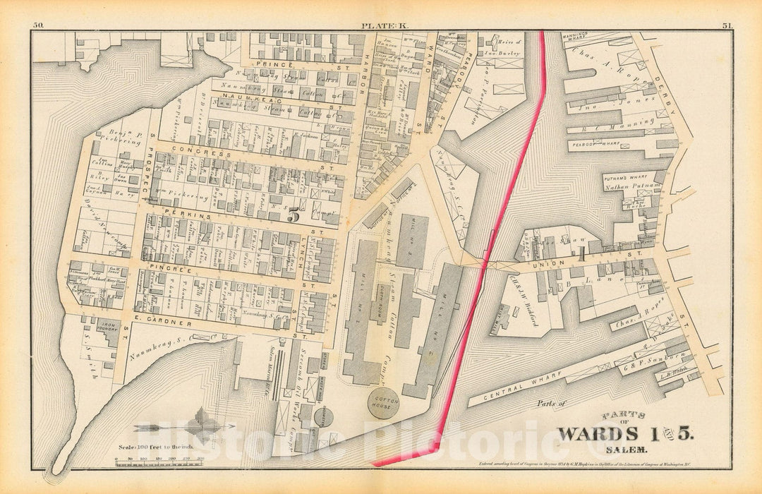Historic Map : Atlas City of Salem, Massachusetts, Salem 1874 Plate K , Vintage Wall Art