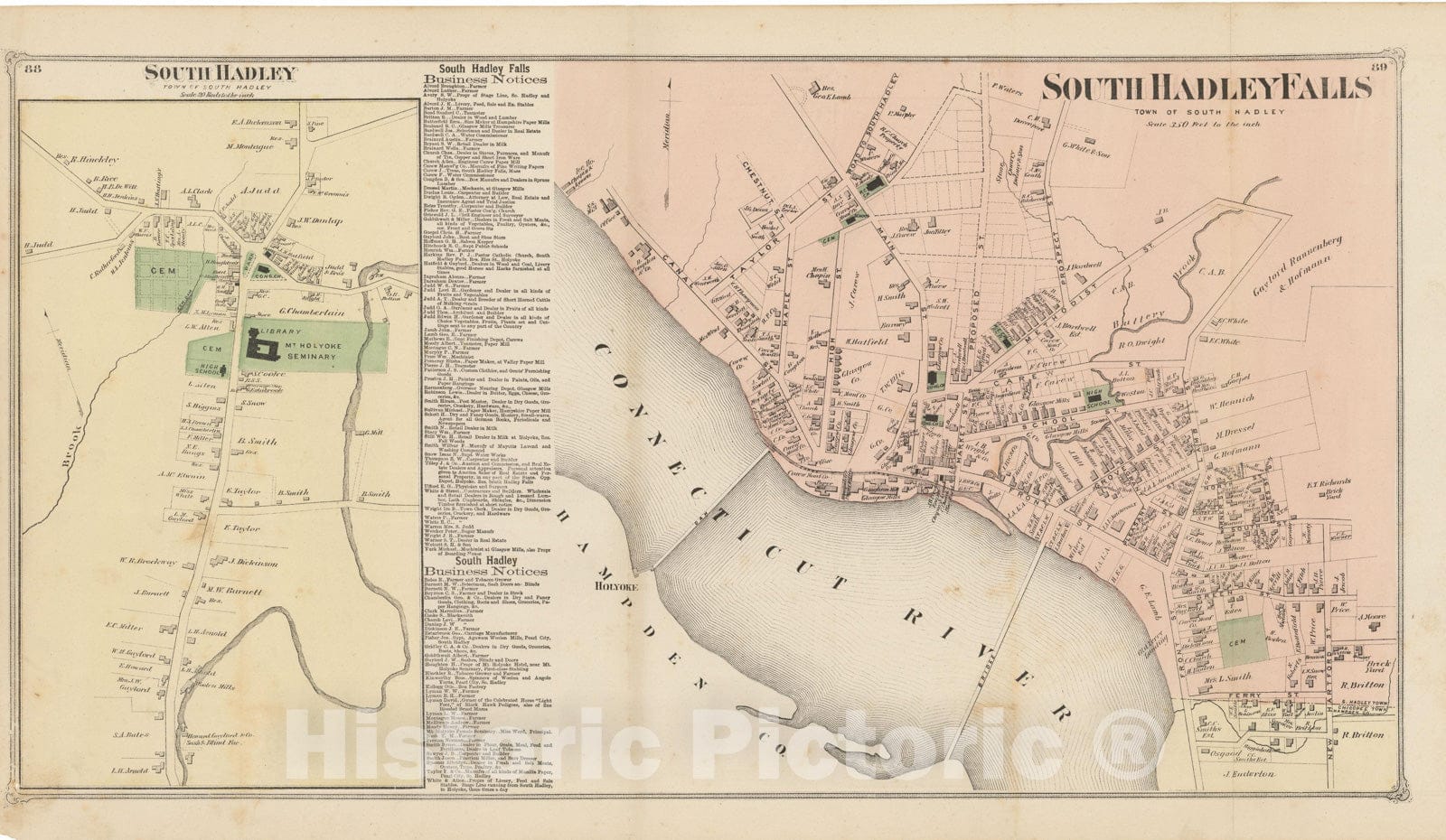Historic Map : Atlas of Hampshire County Massachusetts, South Hadley 1873 , Vintage Wall Art