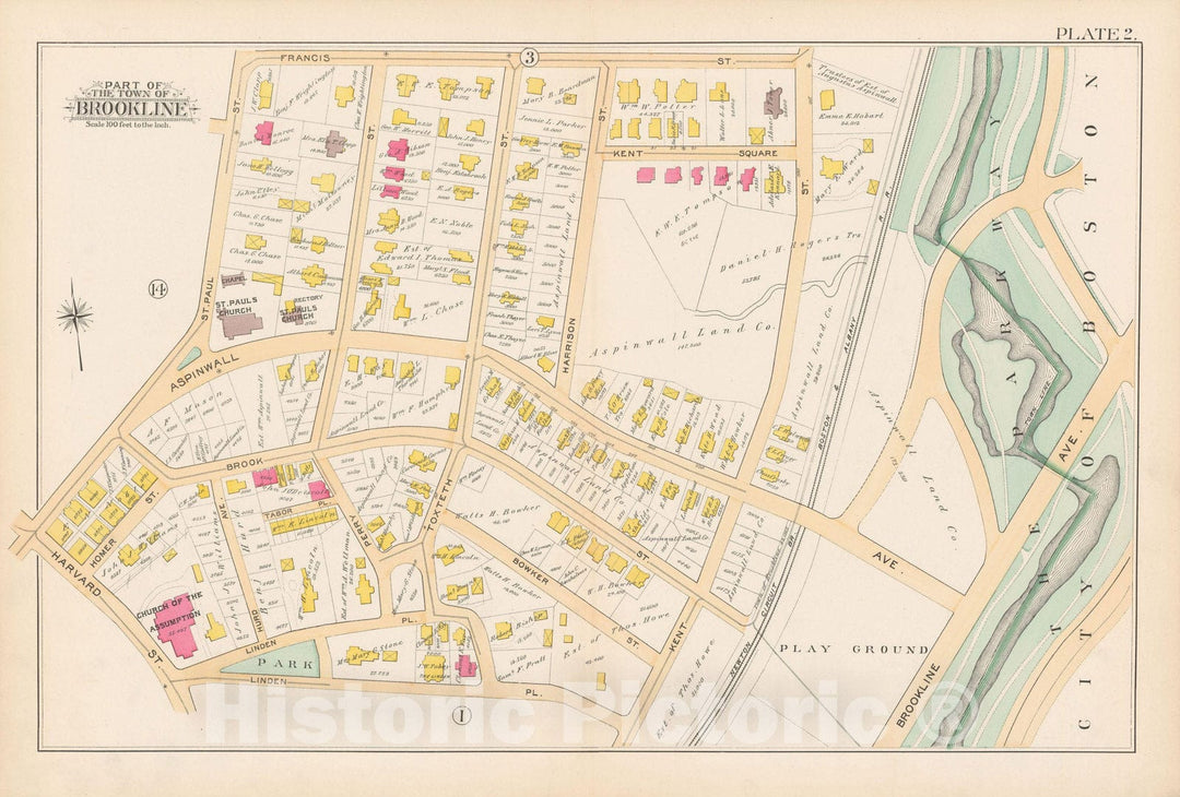 Historic Map : Atlas Town of Brookline, Brookline 1893 Plate 002 , Vintage Wall Art