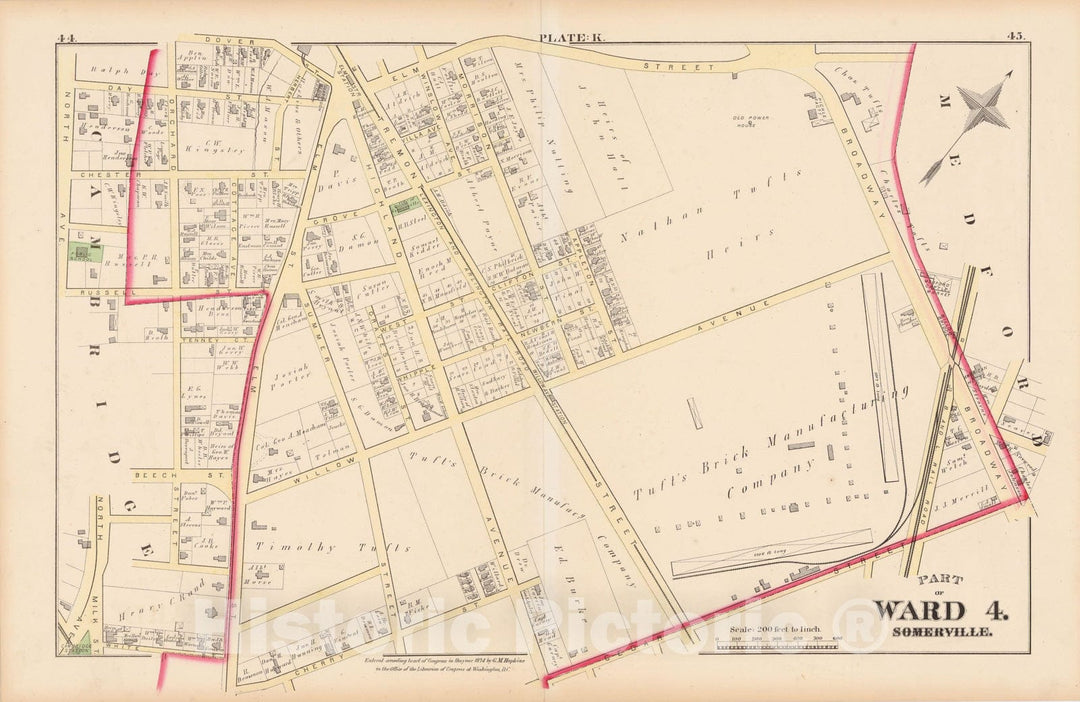 Historic Map : Atlas City of Somerville, Somerville 1874 Plate K , Vintage Wall Art