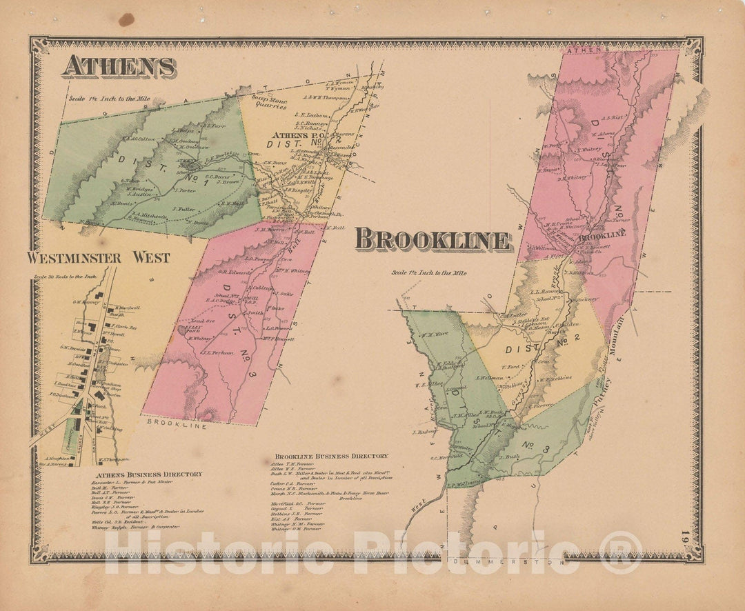 Historic Map : Atlas of Windham County, VT, Athens & Brookline 1869 , Vintage Wall Art