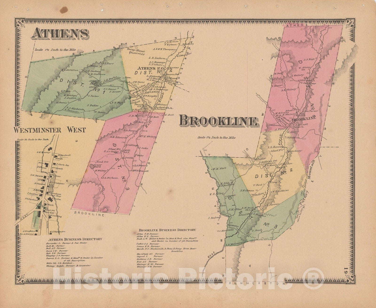 Historic Map : Atlas of Windham County, VT, Athens & Brookline 1869 , Vintage Wall Art