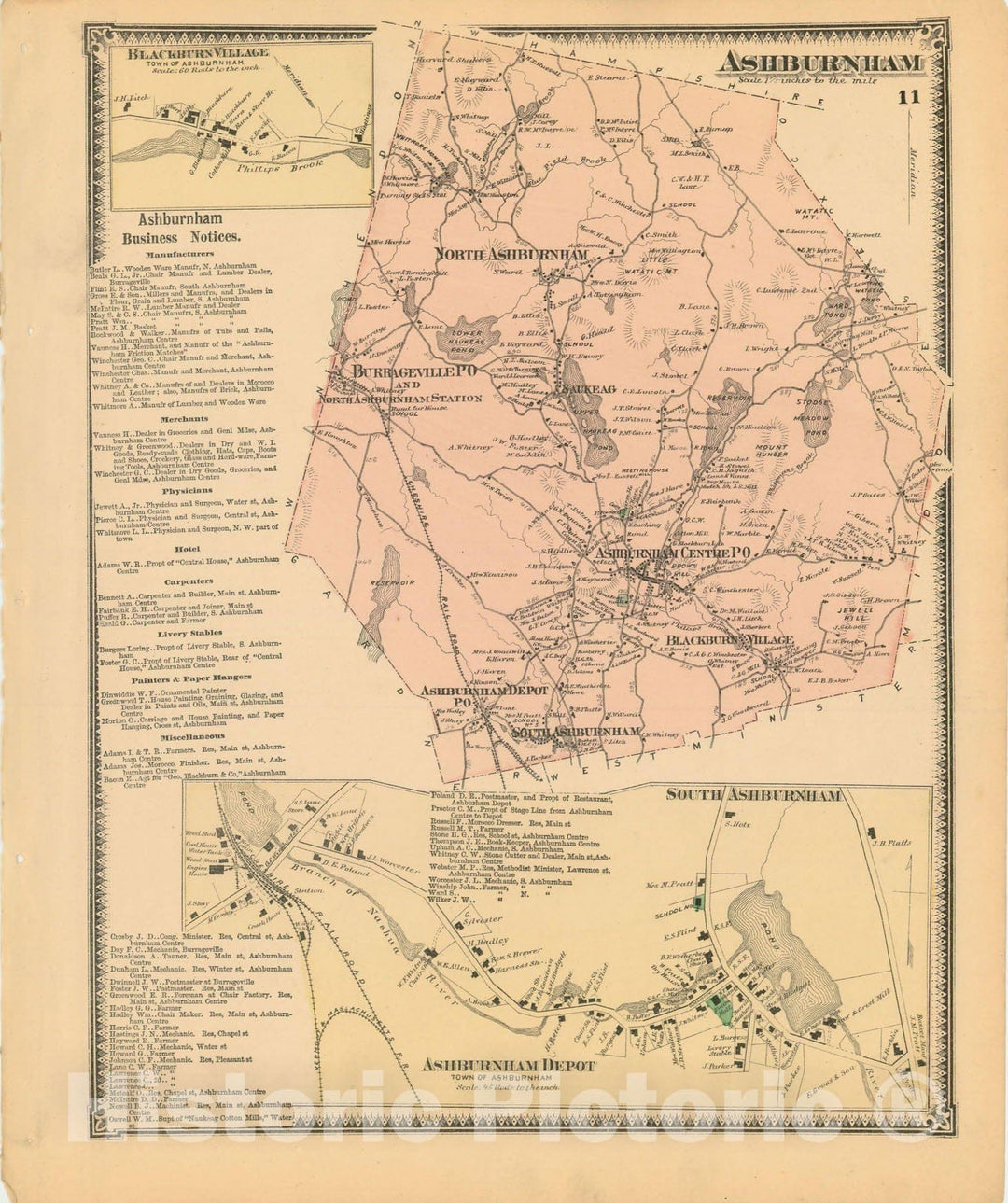 Historic Map : Atlas of Worcester County, Massachsuetts, Ashburnham 1870 , v2, Vintage Wall Art
