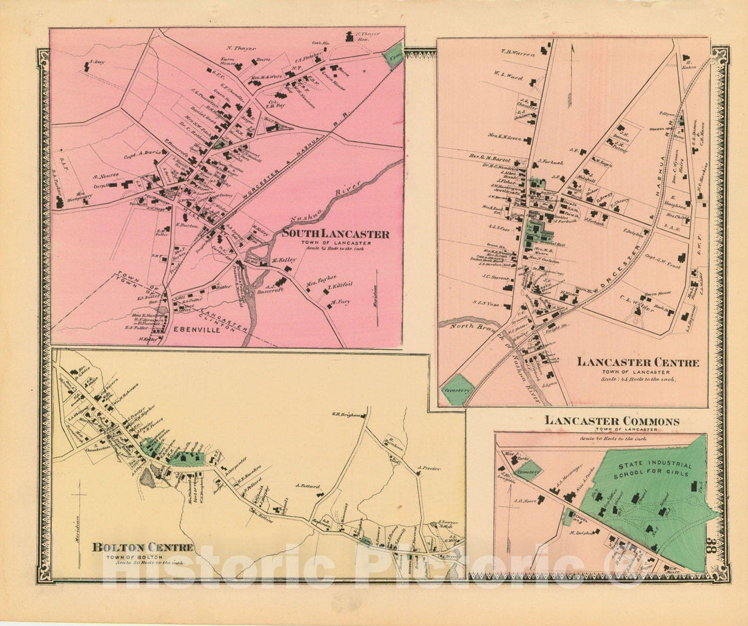 Historic Map : Atlas of Worcester County, Massachsuetts, Lancaster 1870 , v2, Vintage Wall Art