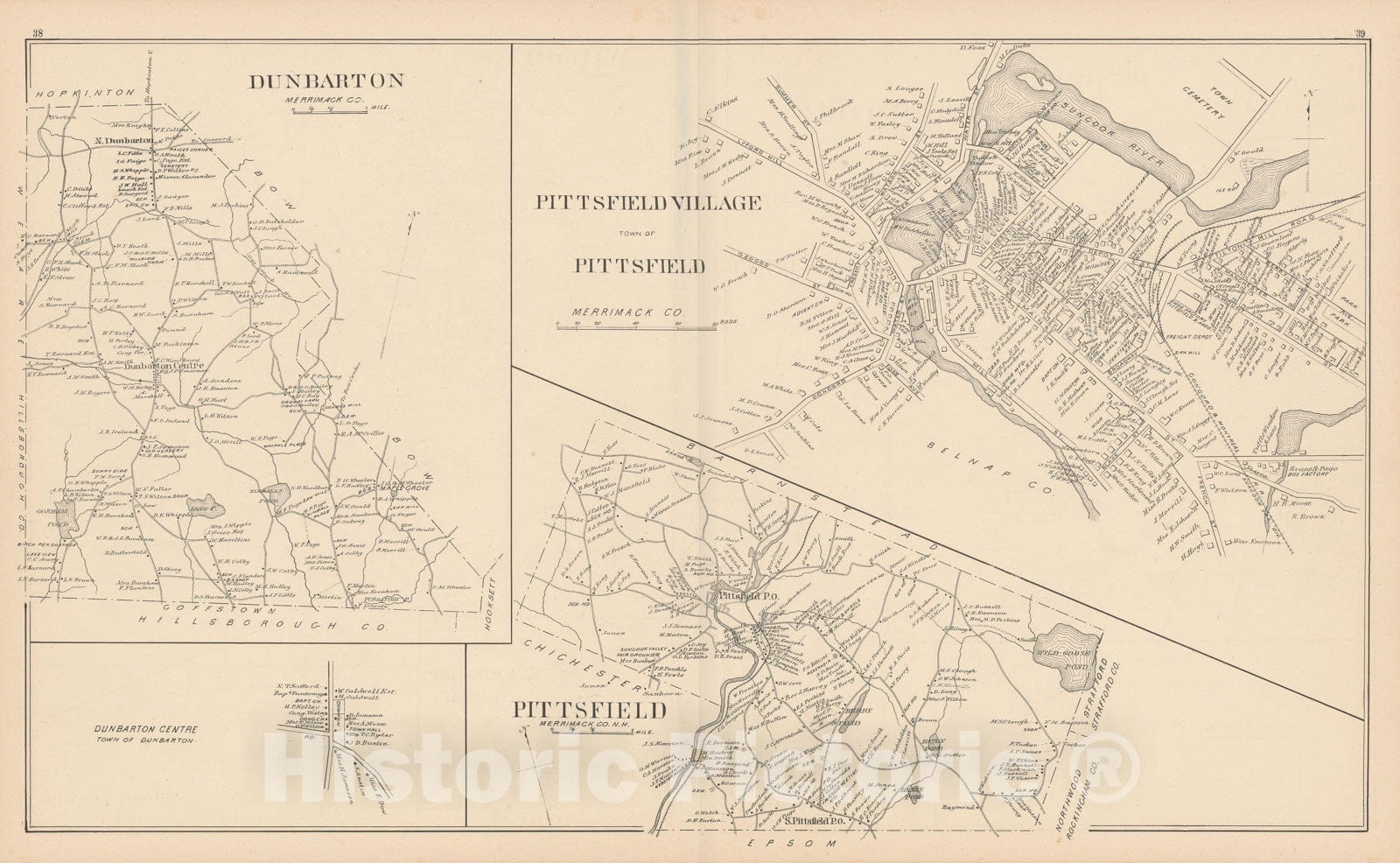 Historic Map : Dunbarton & Pittsfield 1892 , Town and City Atlas State of New Hampshire , Vintage Wall Art