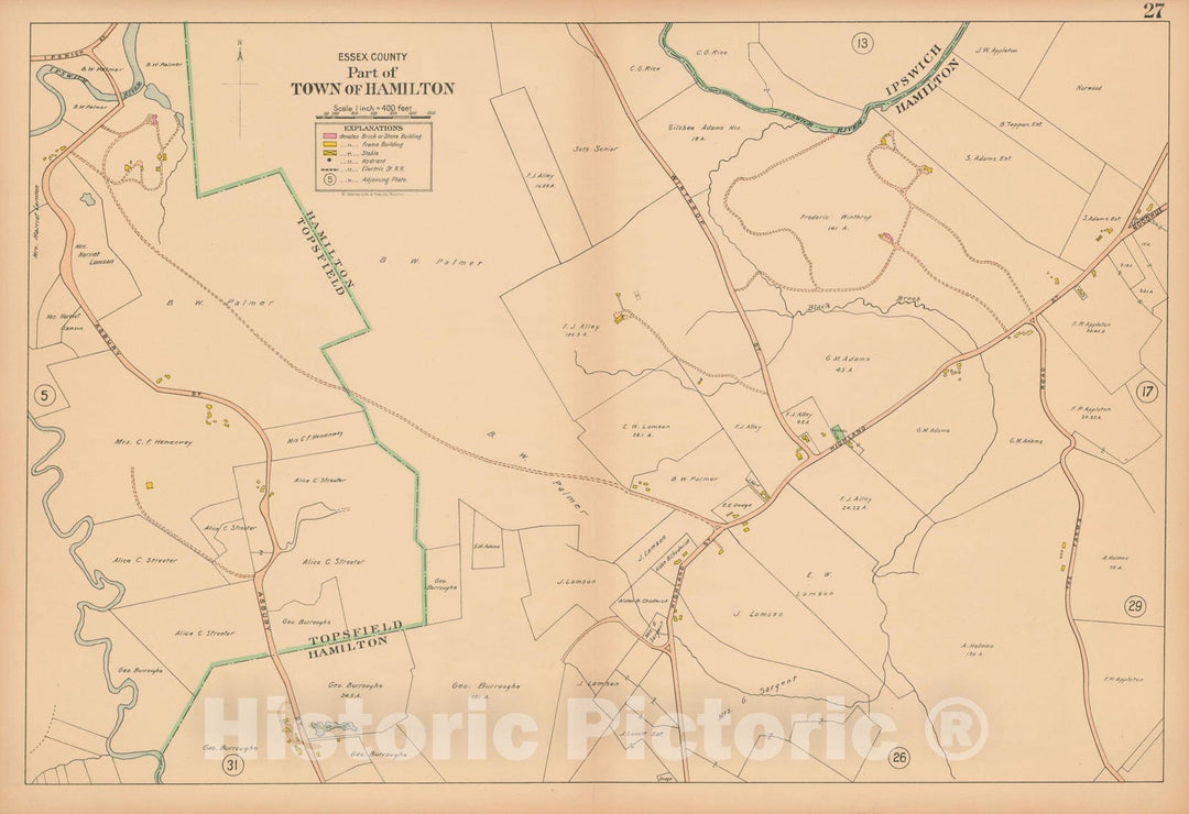 Historic Map : Atlas Towns of Topsfield, Ipswich, Essex, Hamilton and Wenham, Essex County, MA, Hamilton 1910 Plate 027 , Vintage Wall Art