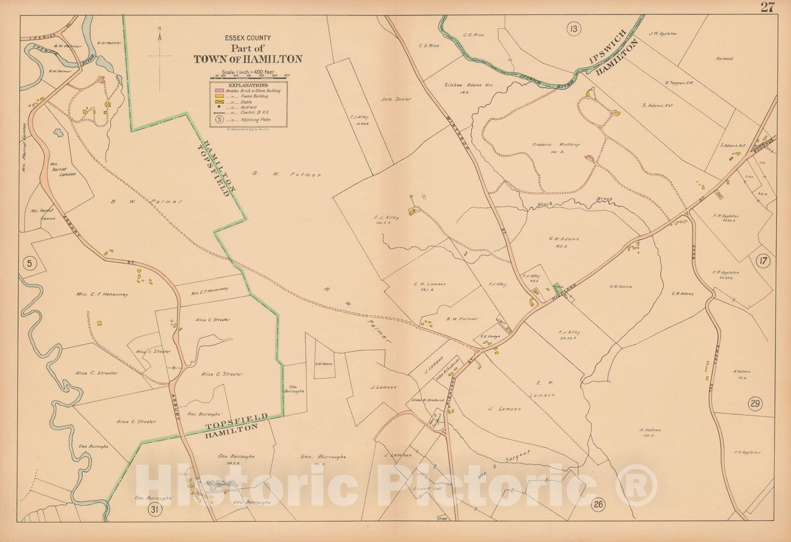 Historic Map : Atlas Towns of Topsfield, Ipswich, Essex, Hamilton and Wenham, Essex County, MA, Hamilton 1910 Plate 027 , Vintage Wall Art